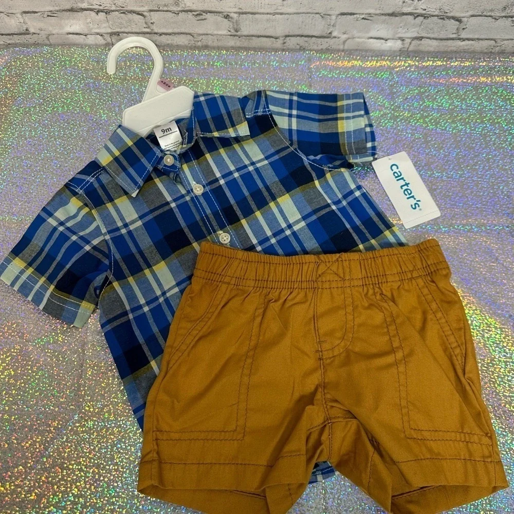 Carter’s Outfit 9 Months Plaid Button Up Shirt Shorts NEW